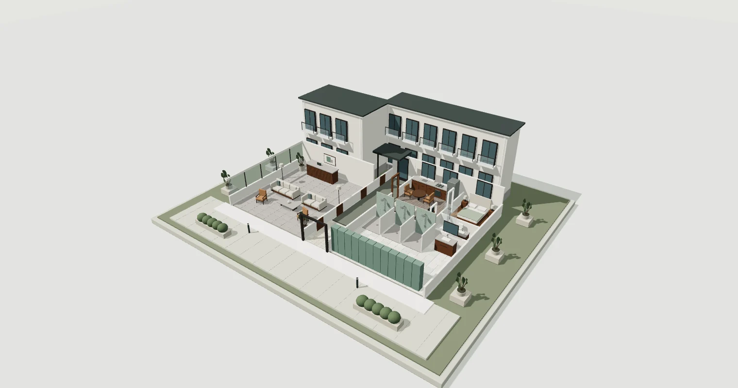 Architectural cutaway of the connected commercial property with its offset rear wings, lobby, corridor and interiors
